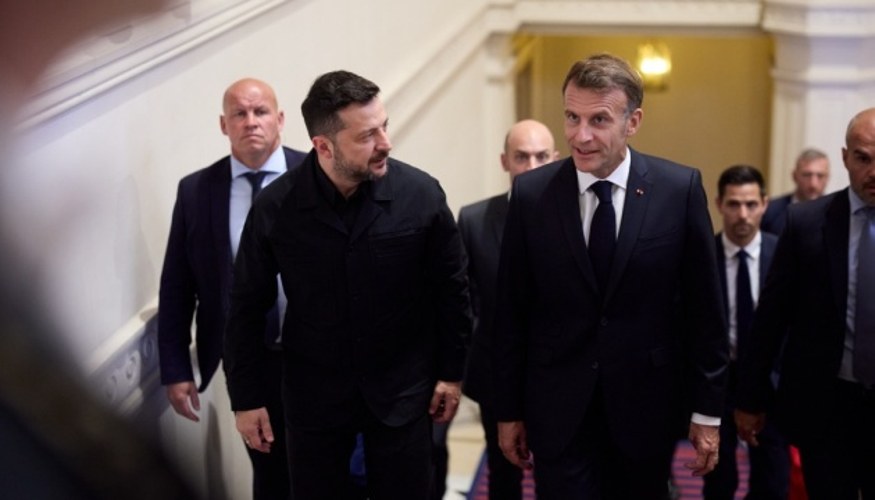 Президент України Володимир Зеленський та Президент Франції Еммануель Макрон під час зустрічі у Франції 14 липня 2026 року