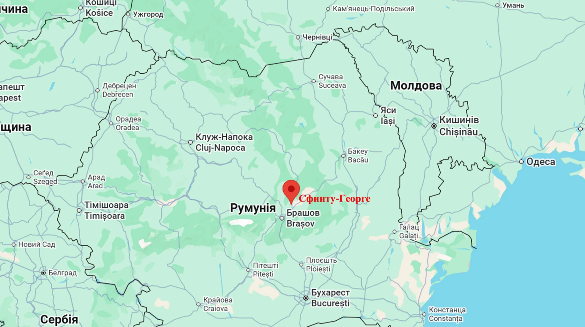 Позначення на карті: місто Сфинту-Георге в дельті Дунаю
